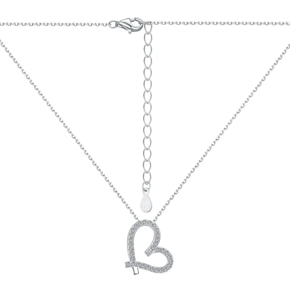 Silver Zircon Round Cut Inlaid Hollow Heart Pendant Necklace