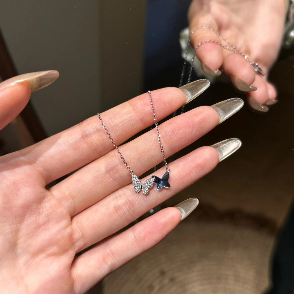 Silver Zircon Round Cut Duel Butterfly Pendant Necklace