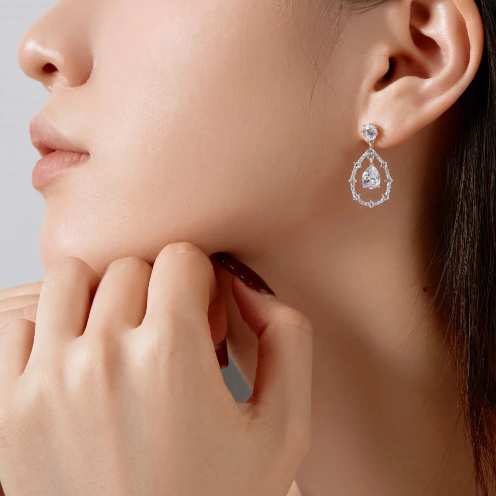 Silver Zircon Pear Cut Halo Tear Drop Earrings