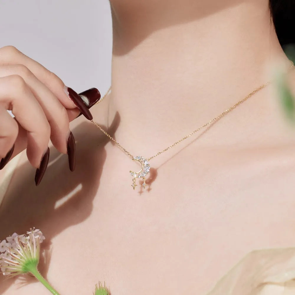 Silver Zircon Heart Cut Crescent Pendant Necklace