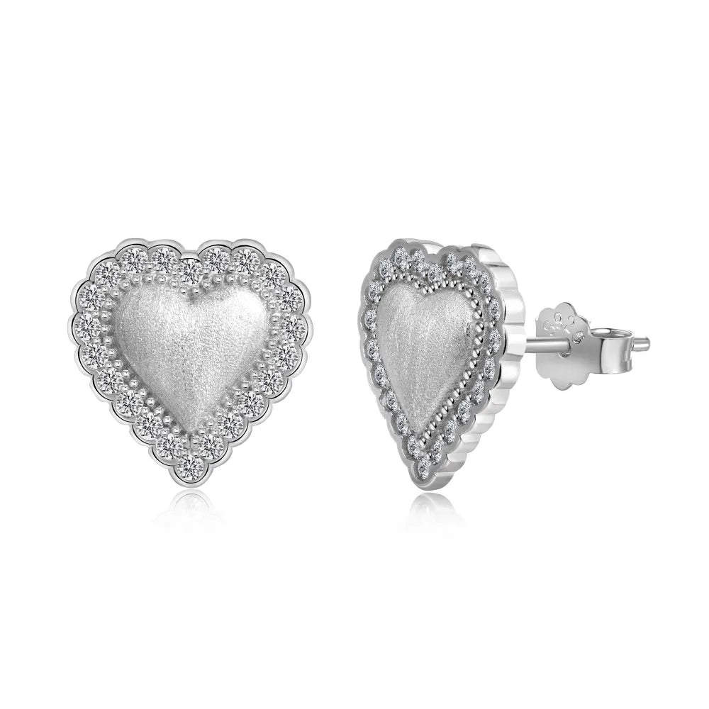 Silver Zircon Round Cut Brushed Halo Heart Ear Studs