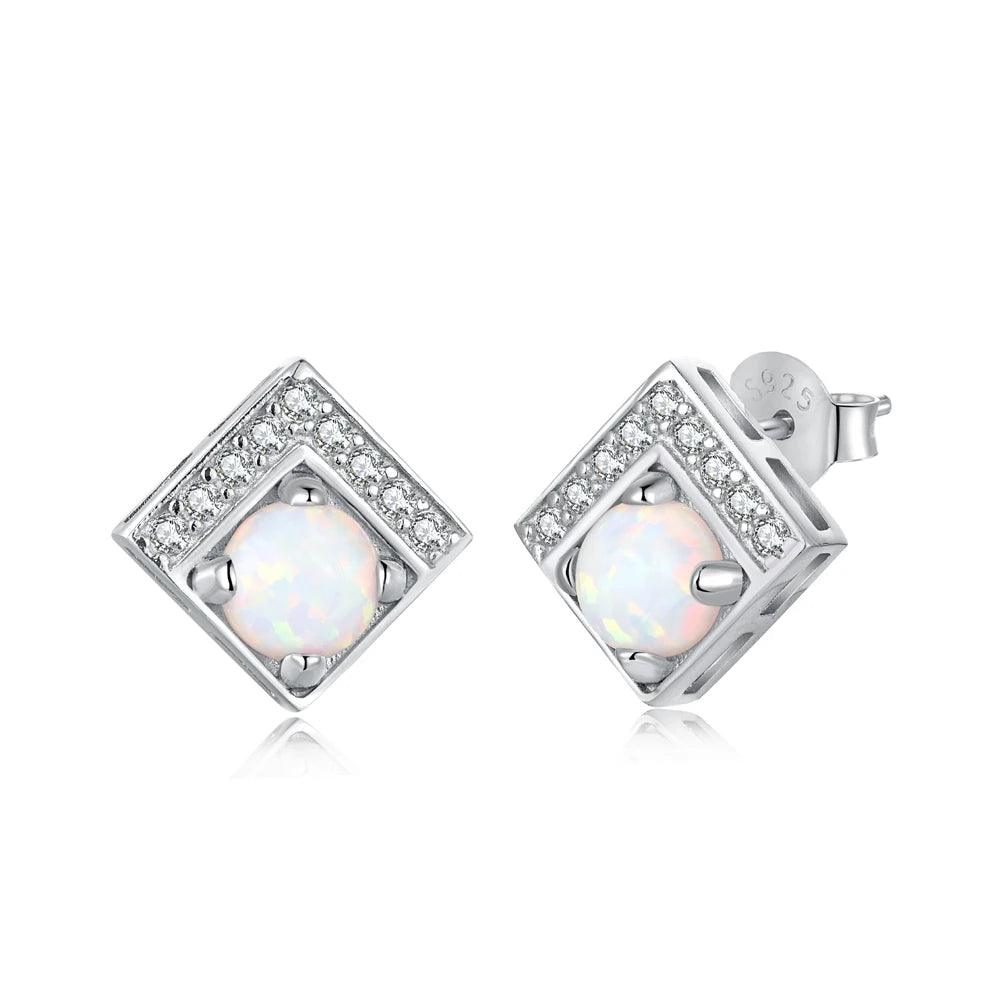 Silver Opal Round Cut Squared Ear Studs
