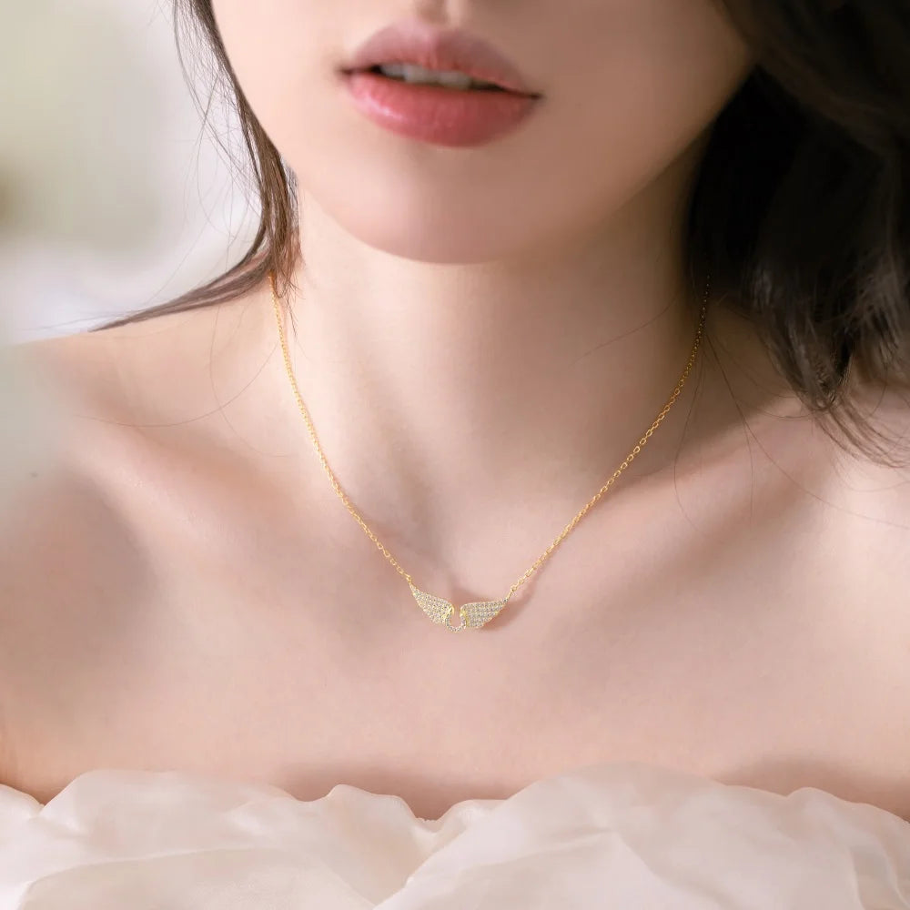 Silver Zircon Round Cut Halo Inlaid Wings Bar Necklace