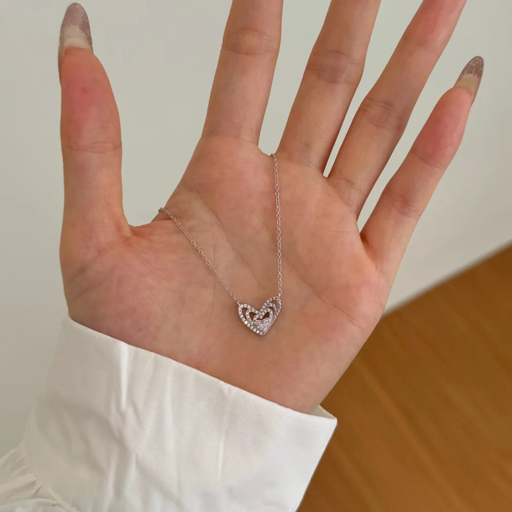 Silver Zircon Heart Cut Multi Layer Heart Pendant Necklace