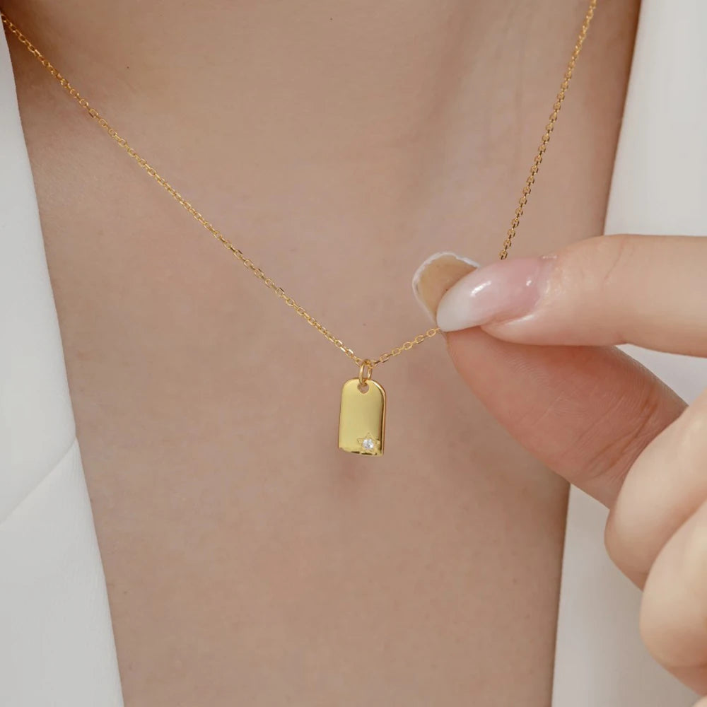 Silver Zircon Round Cut Tag Pendant Necklace