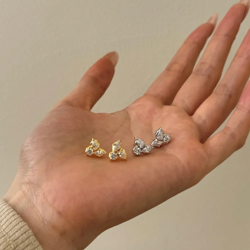 Silver Zircon Marquise Cut Brushed Leaf Ear Studs