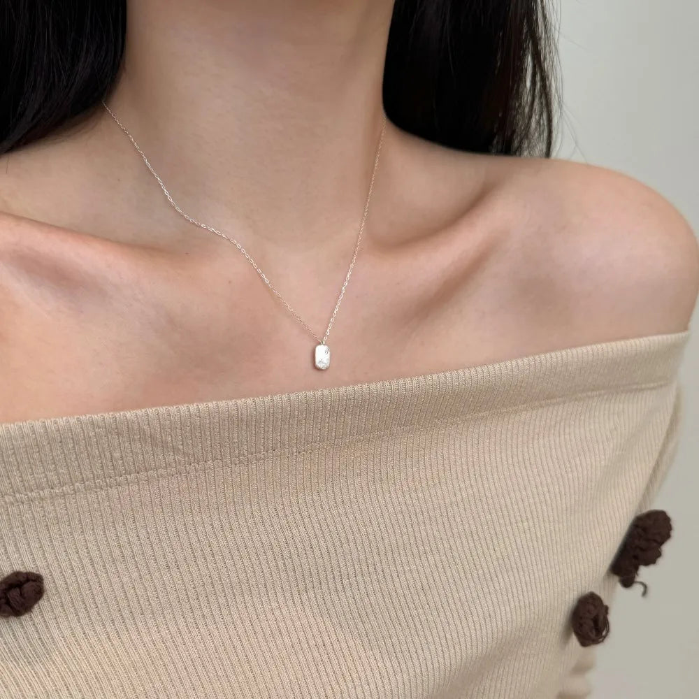 Silver Zircon Round Cut Brushed Tag Pendant Necklace