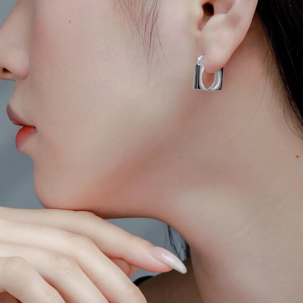 Silver Squared Ear Hoops
