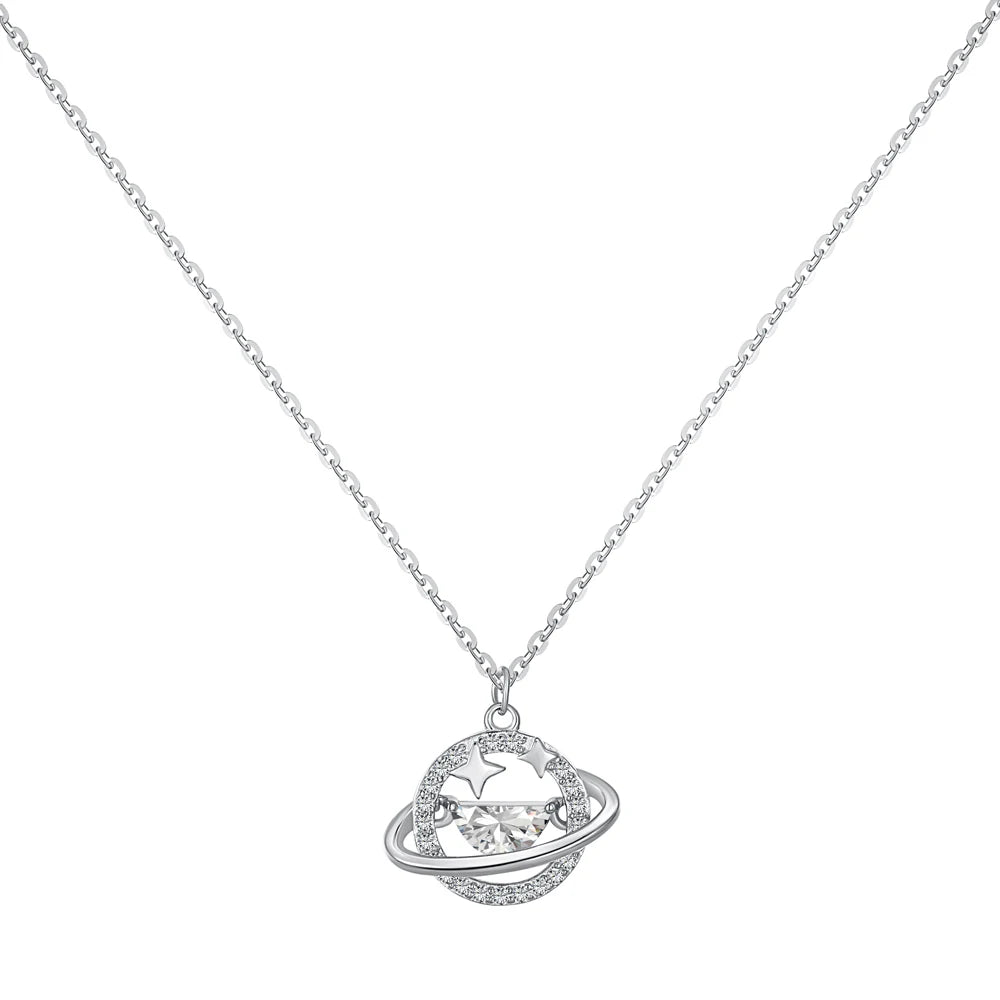 Silver Zircon Half Moon Cut Planet Pendant Necklace