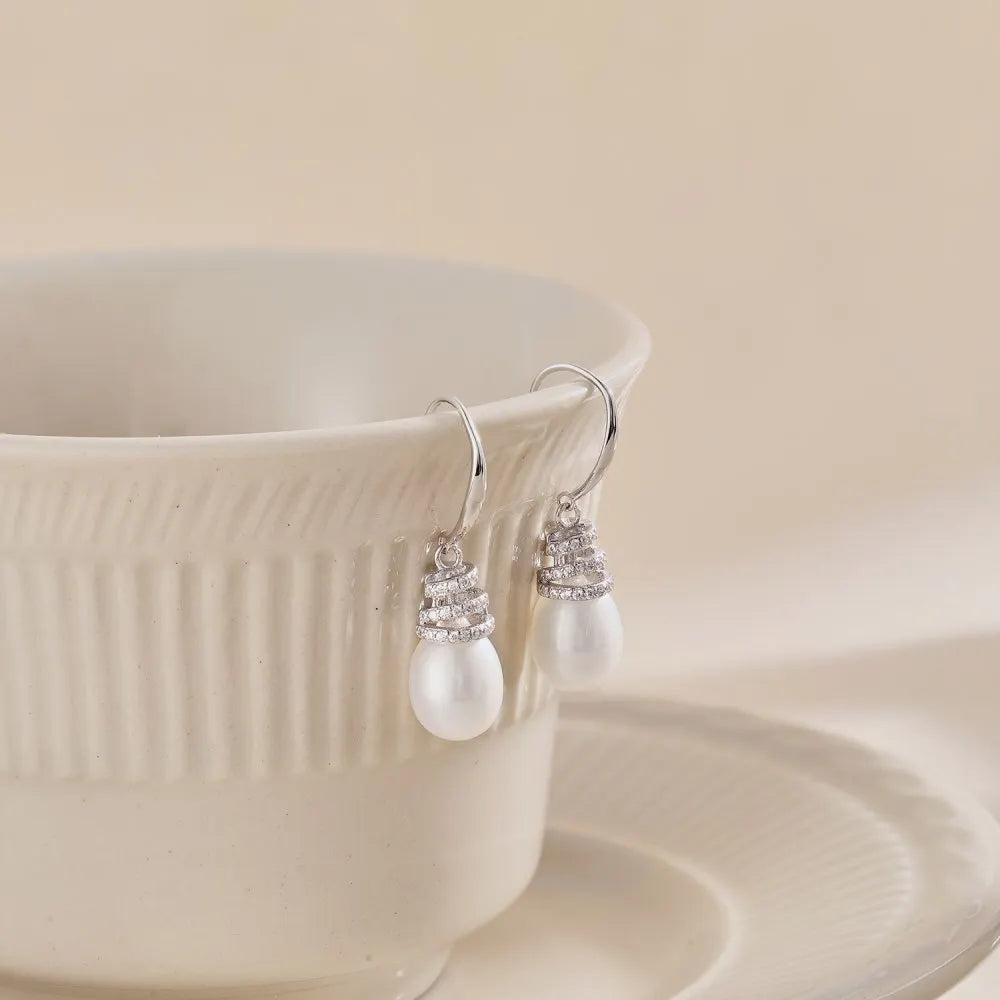 Silver Pearl Iced Hook Drop Earrings