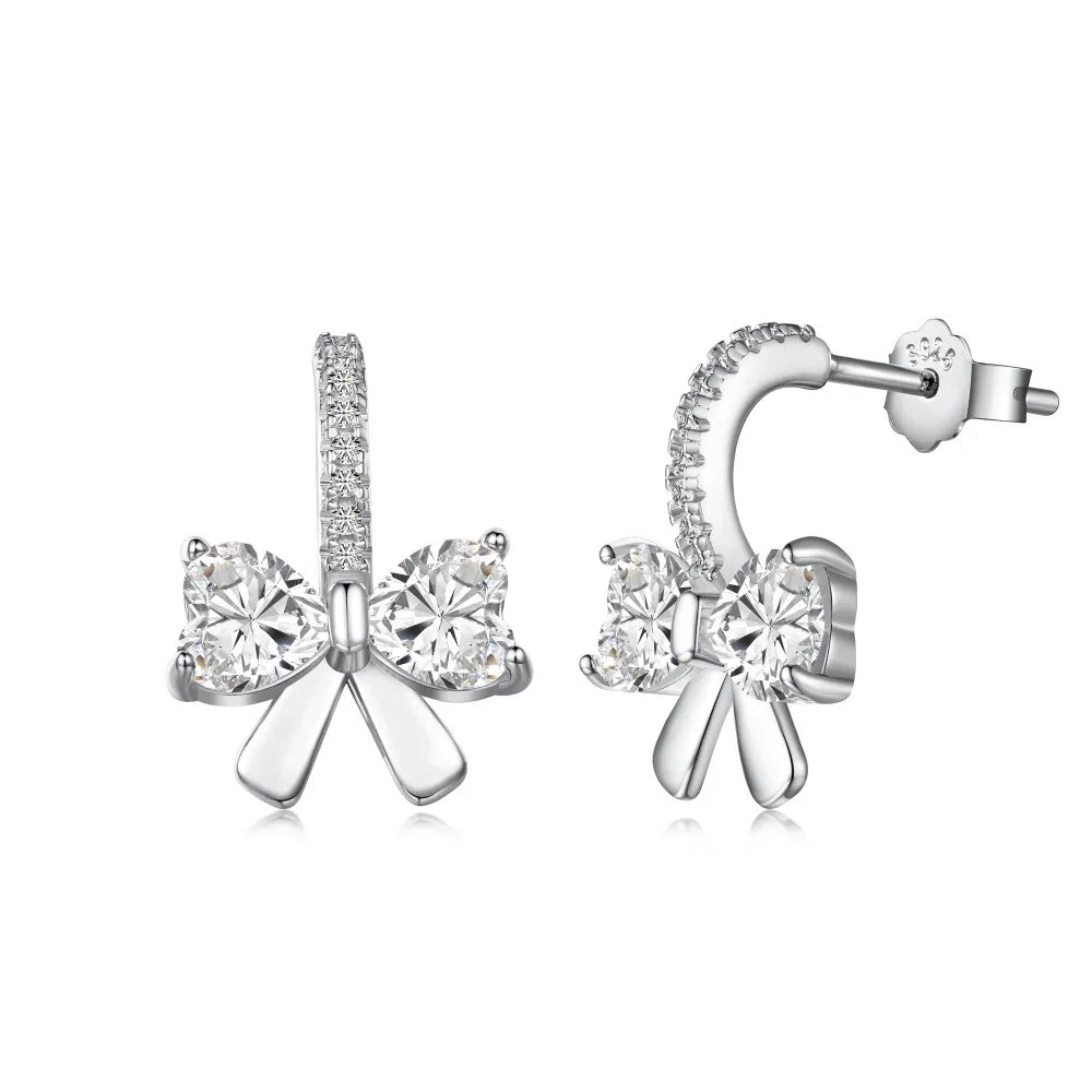 Silver Zircon Heart Cut Bow Huggie Earrings
