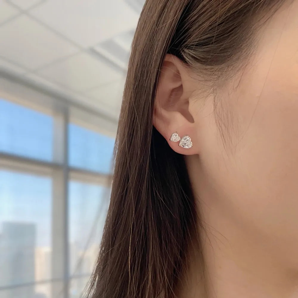 Silver Zircon Heart Cut Side Stacked Ear Studs