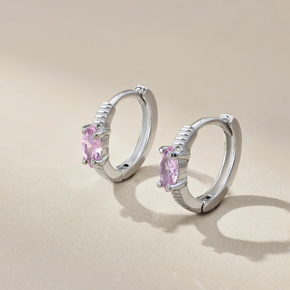Silver Zircon Marquise Cut Brushed Huggie Earrings