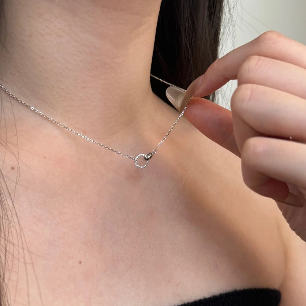 Silver Zircon Round Cut Inlaid Interlocking Ring Pendant Necklace
