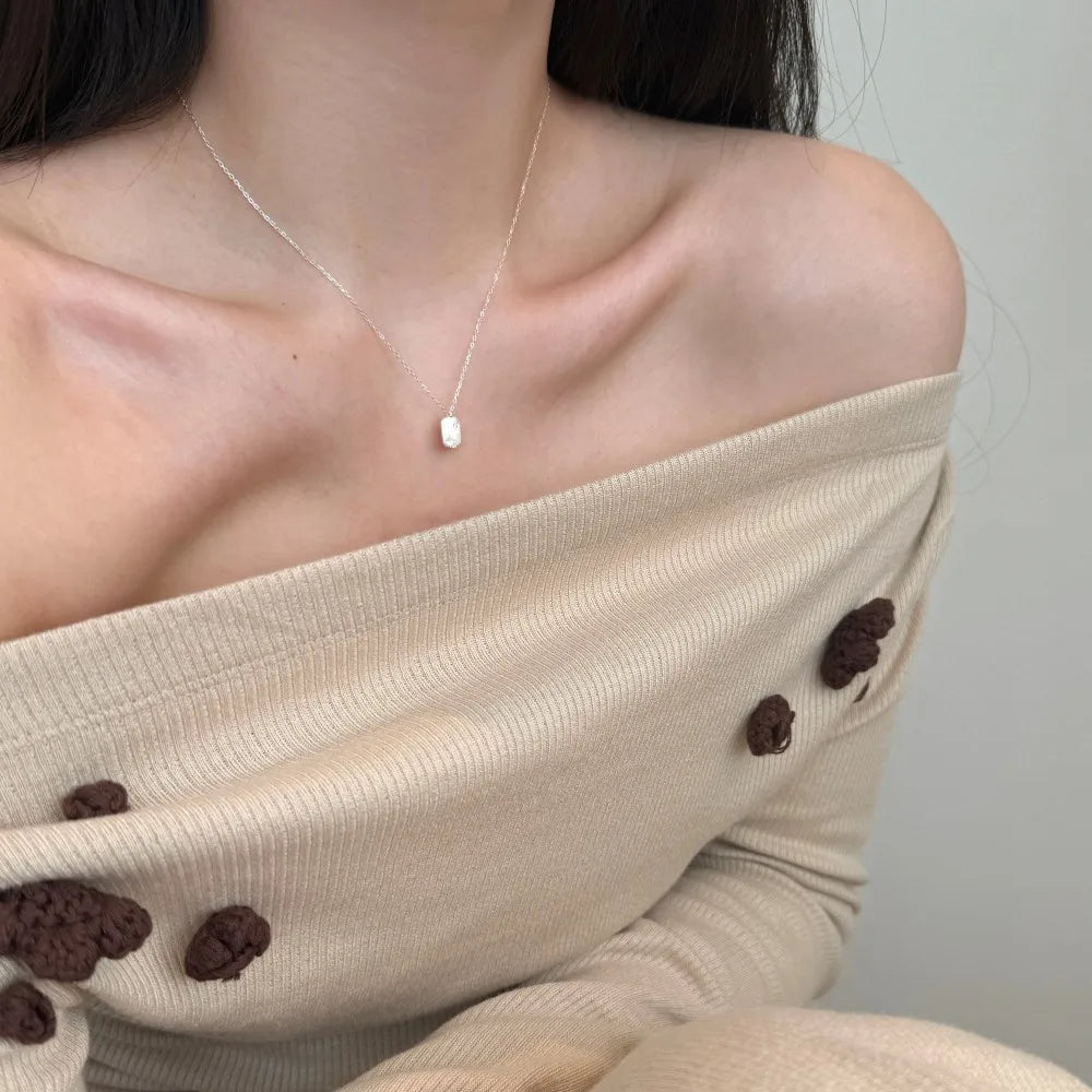 Silver Zircon Round Cut Brushed Tag Pendant Necklace