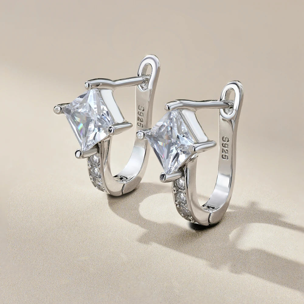 Silver Zircon Princess Cut Classic Huggie Earrings