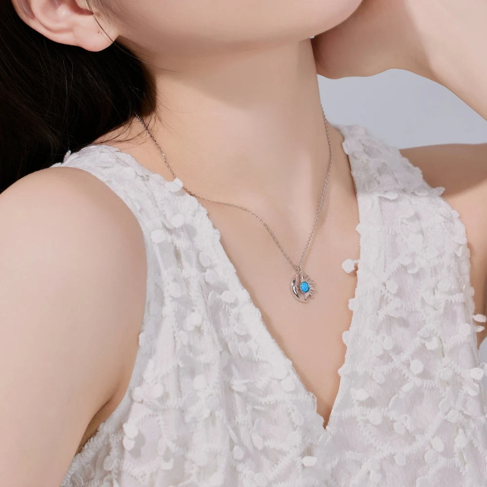 Silver Opal Round Cut Crescent Sunshine Pendant Necklace
