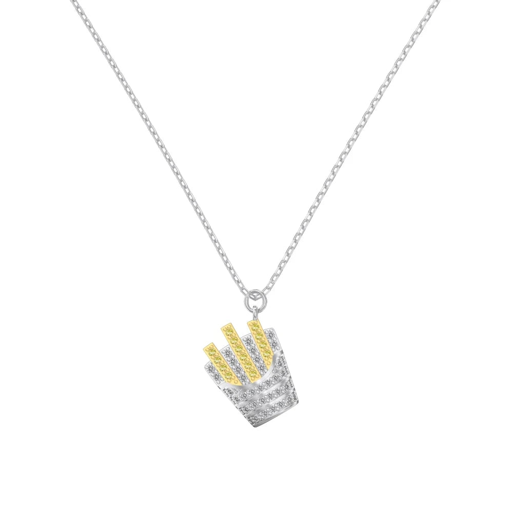 Silver Zircon Round Cut French Fries Pendant Necklace