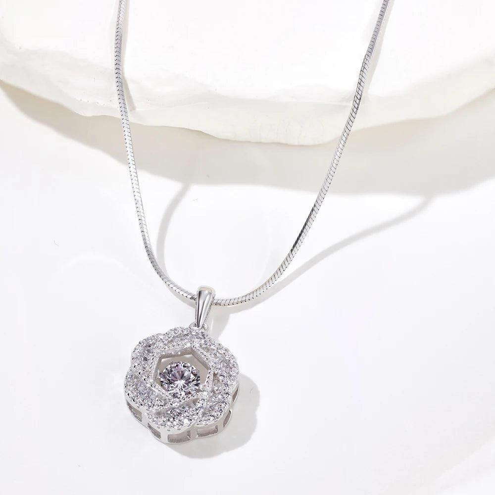 Silver Zircon Round Cut Halo Flower Pendant Necklace