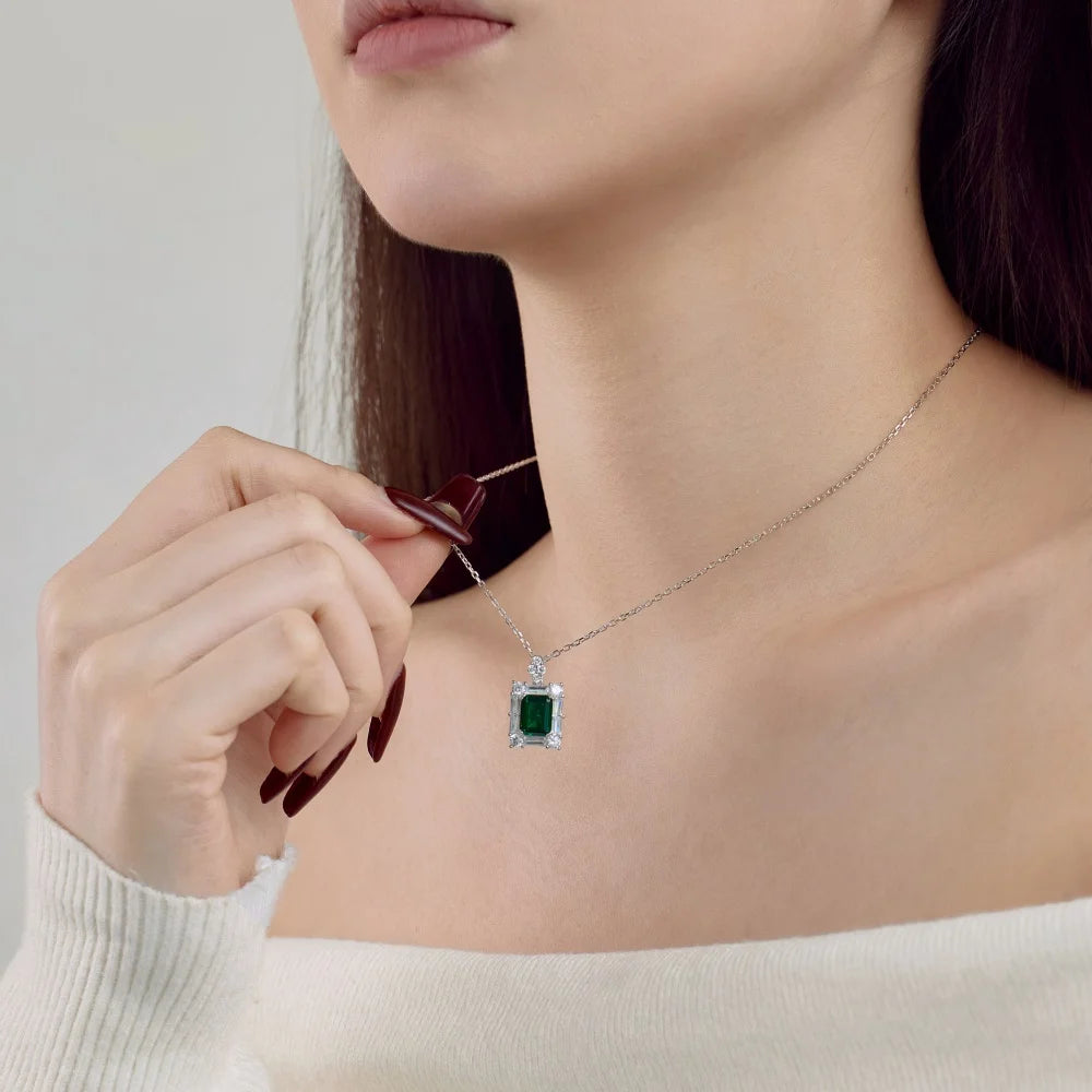 Silver Zircon Emerald Cut Framed Pendant Necklace