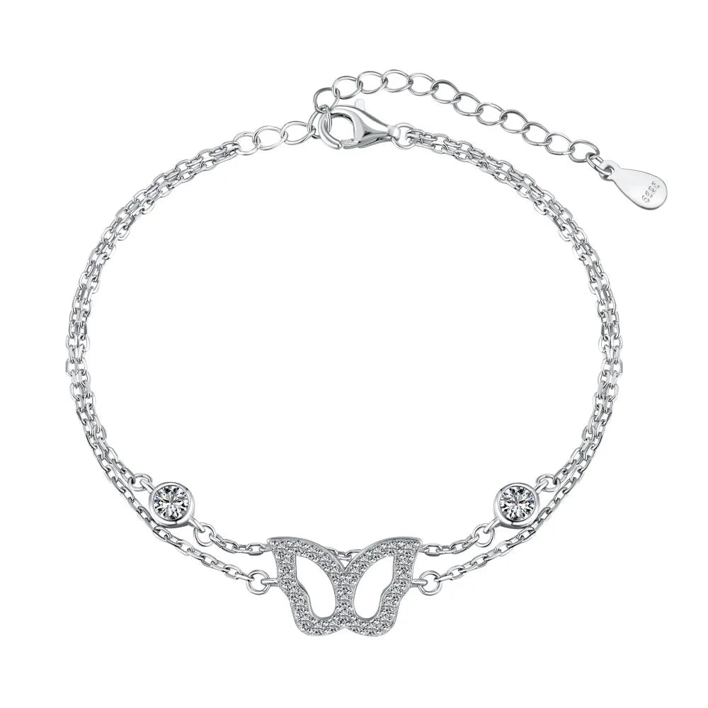 Silver Zircon Round Cut Iced Butterfly Chain Bracelet