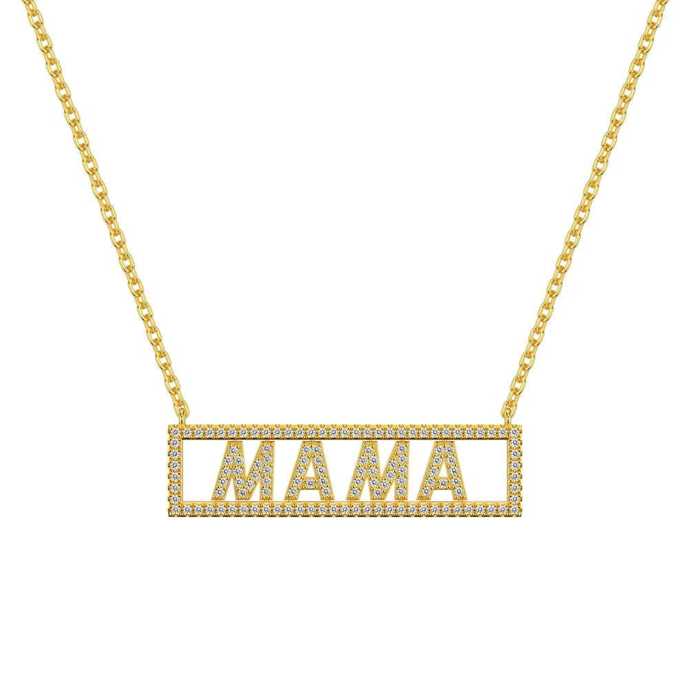 Silver Zircon Round Cut Inlaid Mama Bar Necklace