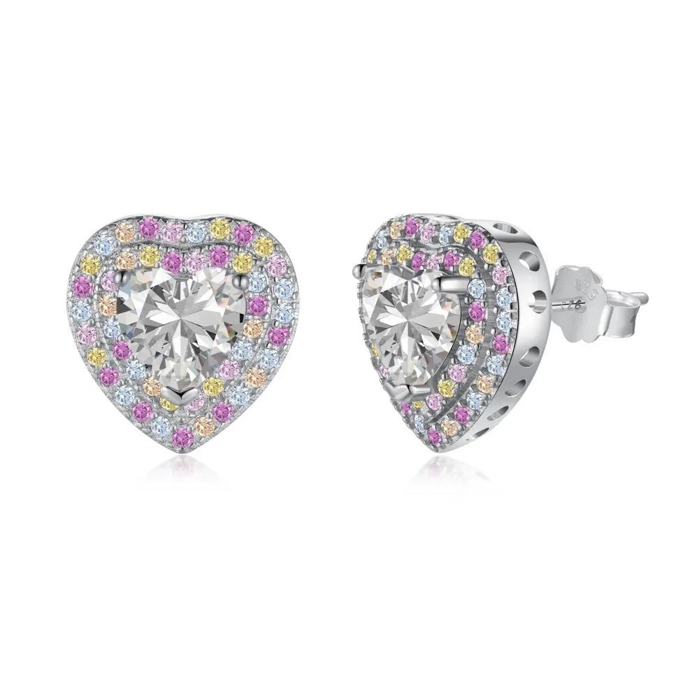Silver Zircon Heart Cut Iced Inlaid Halo Ear Studs
