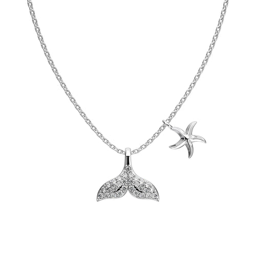Silver Zircon Round Cut Whale Tail Pendant Necklace