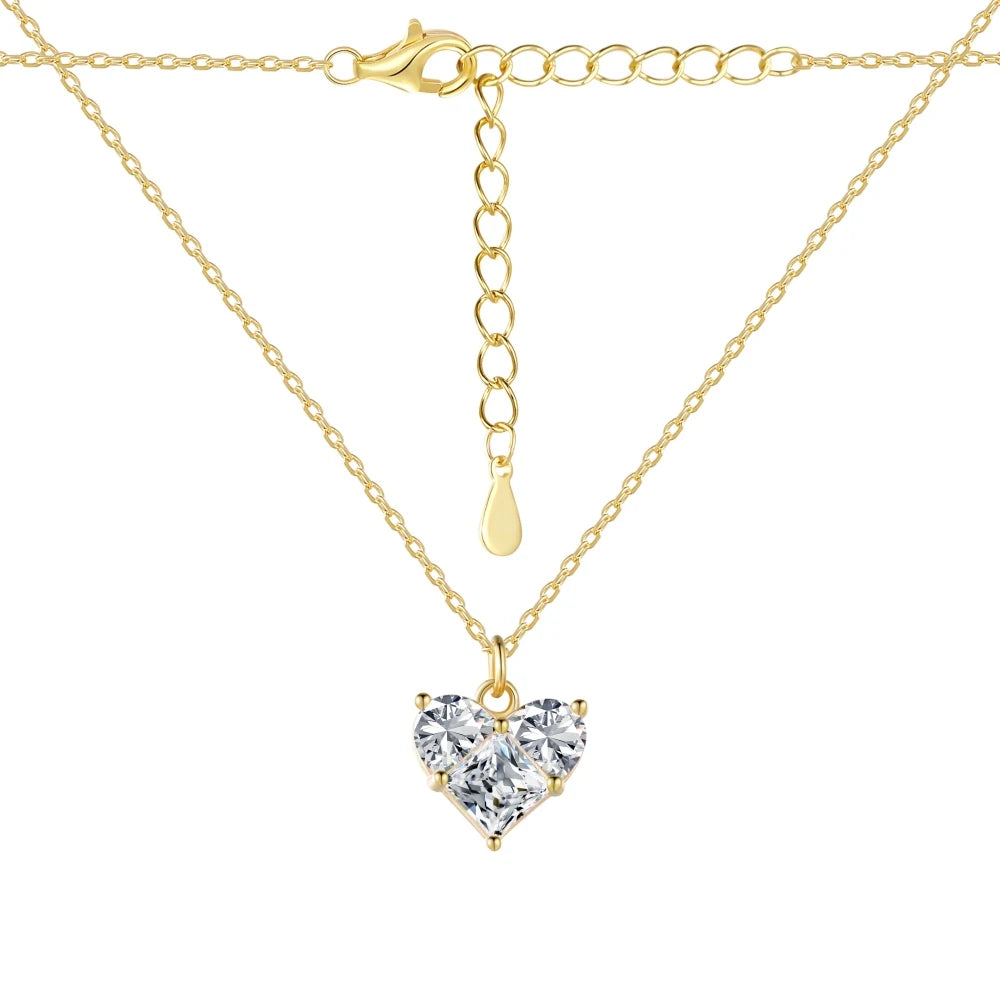 Silver Zircon Princess Cut Inlaid Heart Pendant Necklace