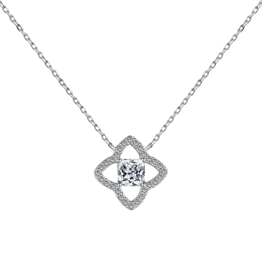 Silver Zircon Princess Cut Hollow Clover Pendant Necklace