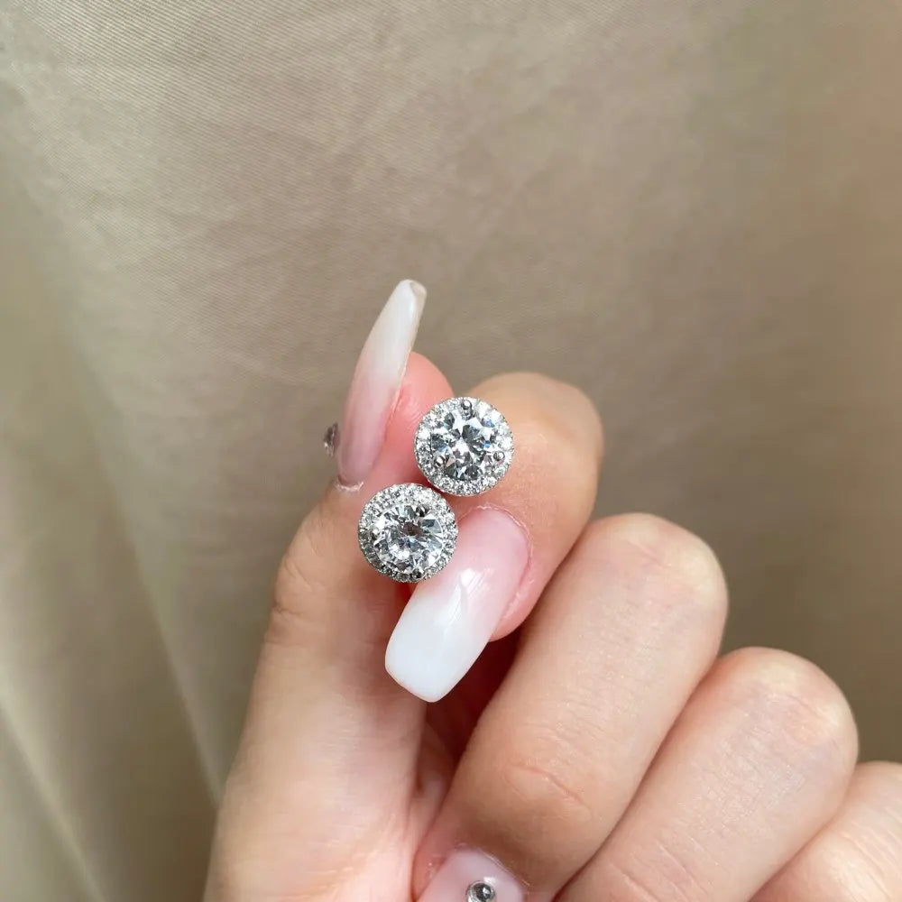 Silver Zircon Round Cut Halo Ear Studs