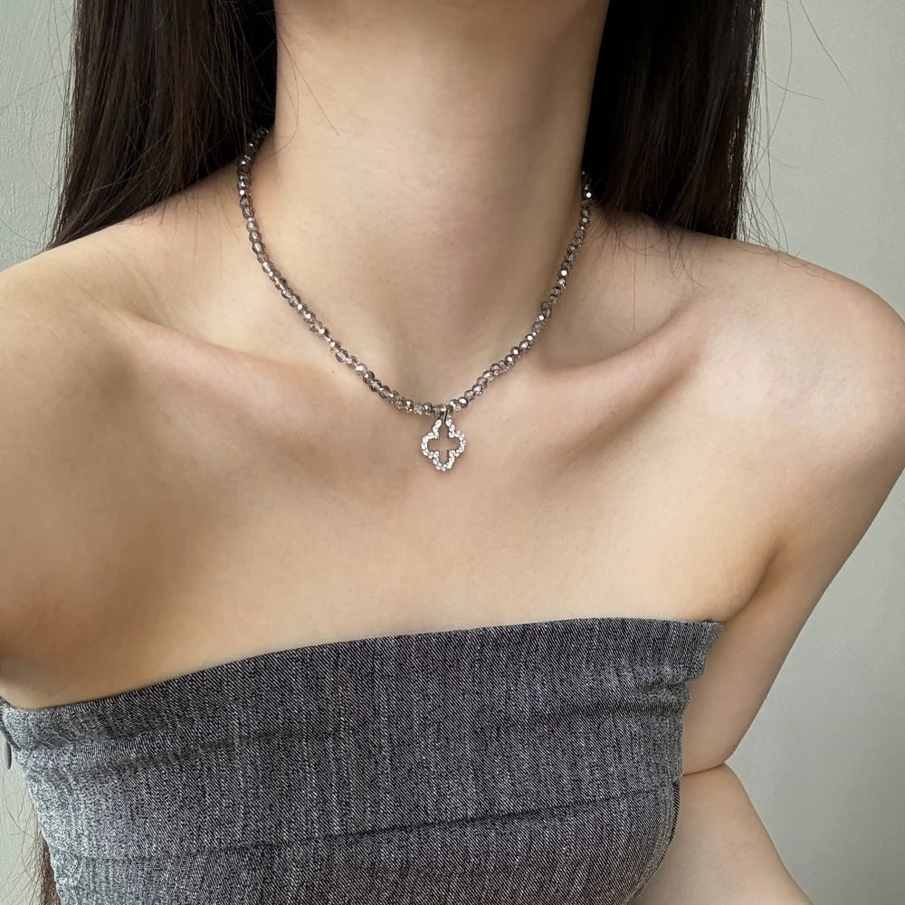 Silver Zircon Round Cut Clover Beaded Necklace