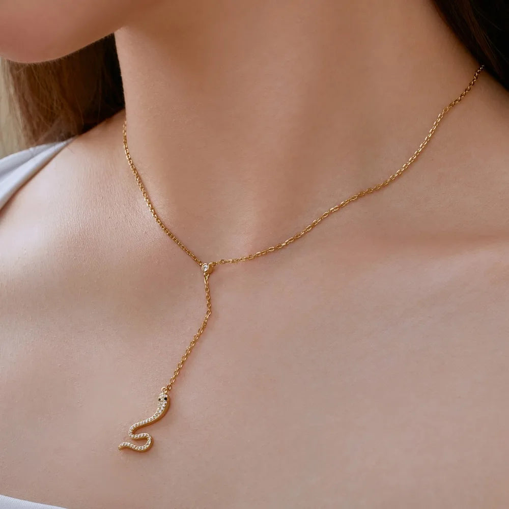 Silver Zircon Round Cut Tassel Snake Pendant Necklace