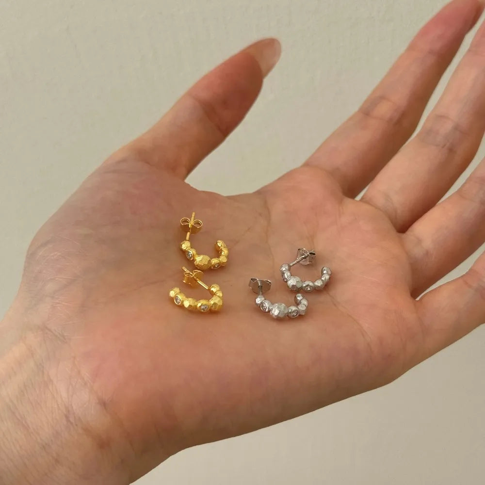 Silver Zircon Round Cut Brushed Huggie Earrings