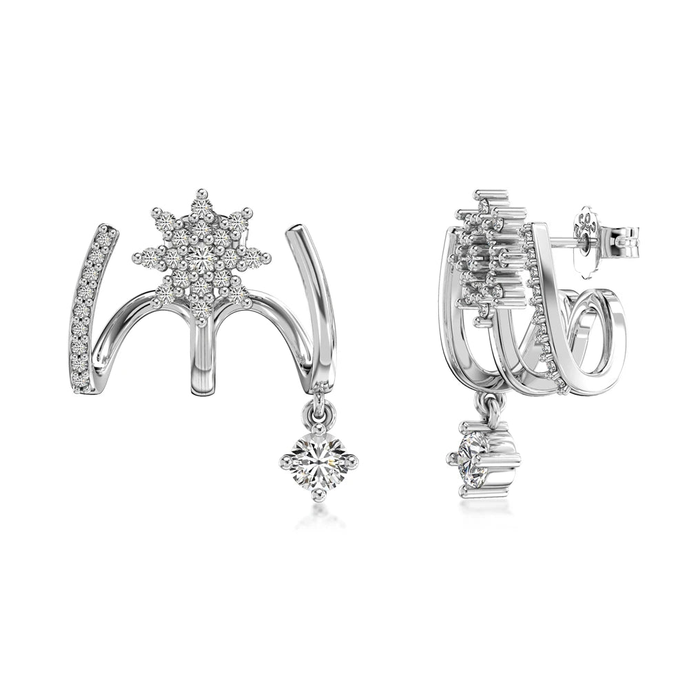 Silver Zircon Round Cut Twisted Flower Huggie Earrings