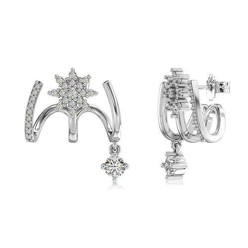 Silver Zircon Round Cut Twisted Flower Huggie Earrings