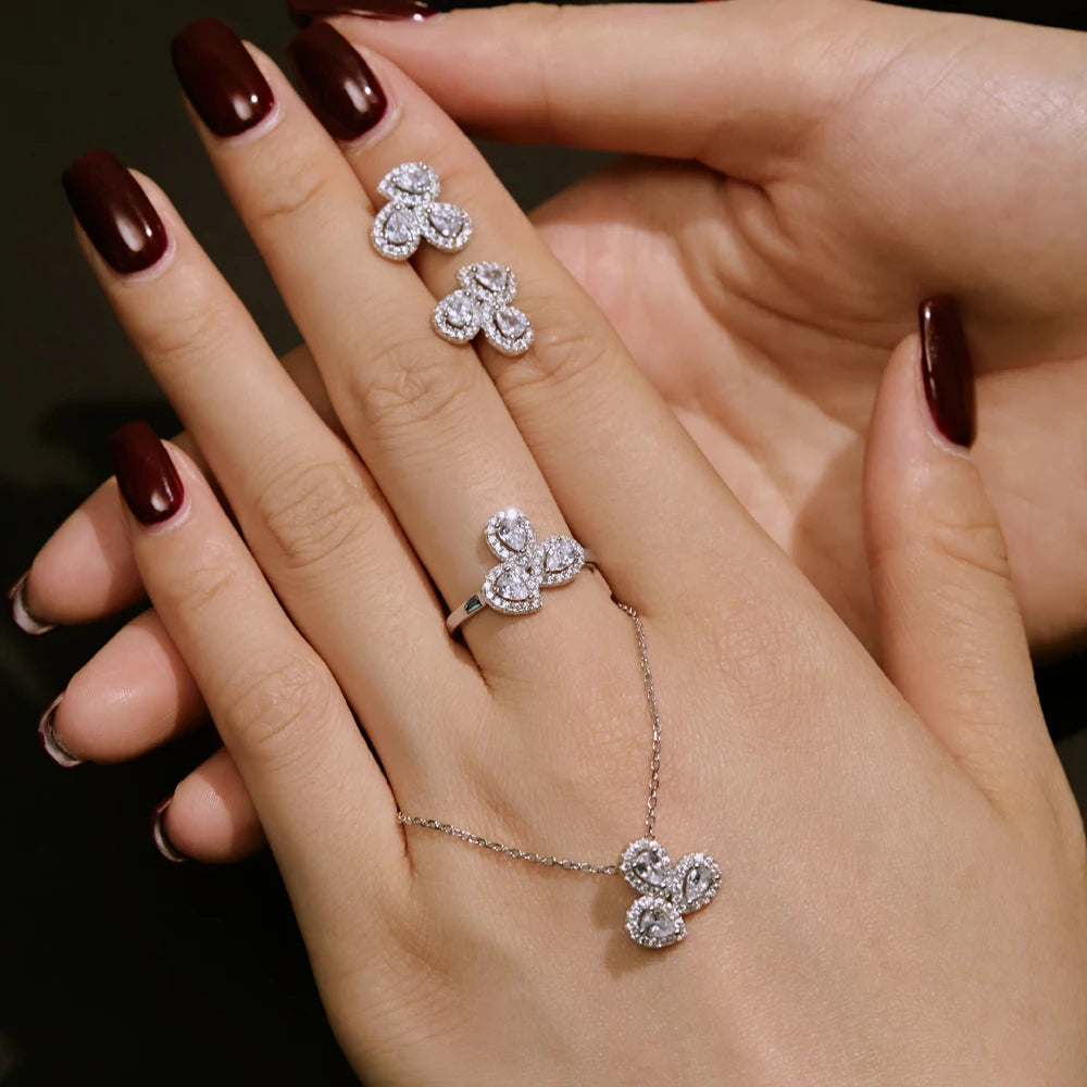 Silver Zircon Pear Cut Cluster Water Drop Pendant Necklace