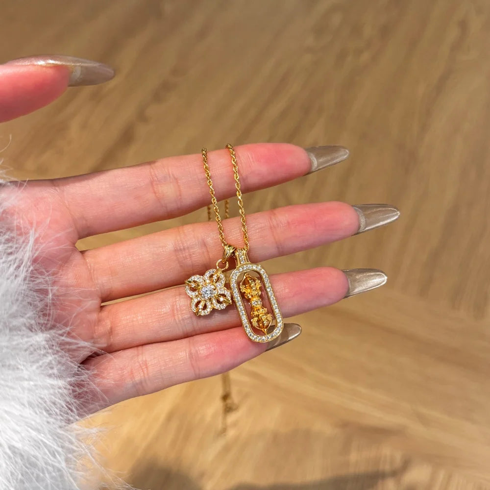 Silver Zircon Round Cut Lotus & Vajra Talisman Pendant Necklace