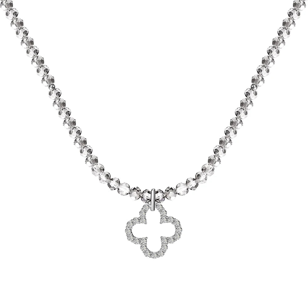 Silver Zircon Round Cut Clover Beaded Necklace