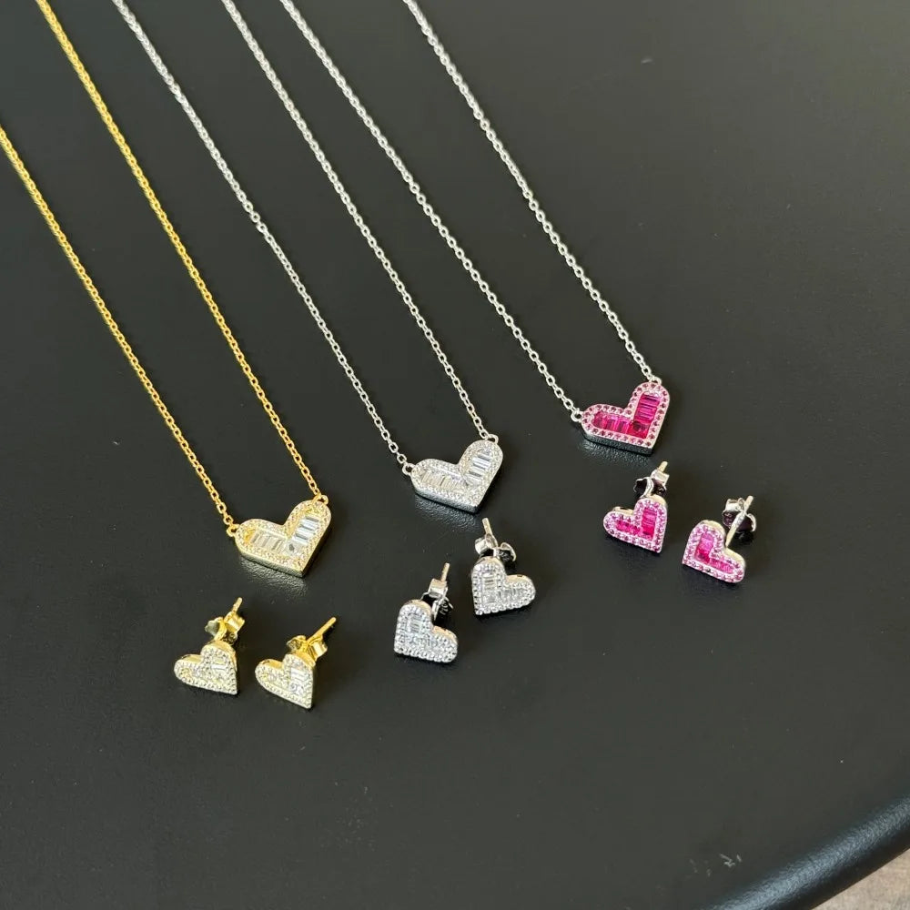 Silver Zircon Princess Cut Iced Halo Heart Pendant Necklace