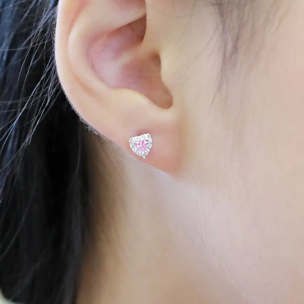 Silver Zircon Heart Cut Inlaid Halo Ear Studs