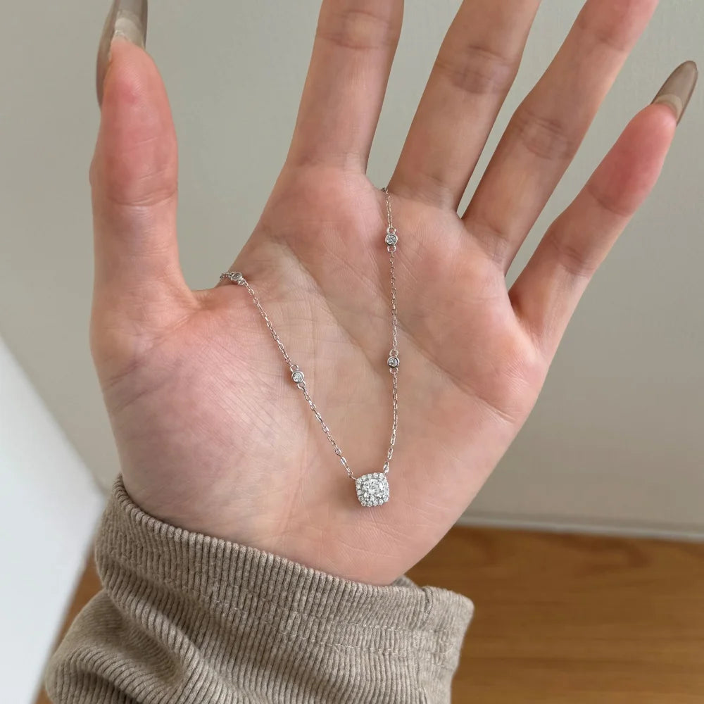 Silver Zircon Round Cut Pillow Pendant Necklace