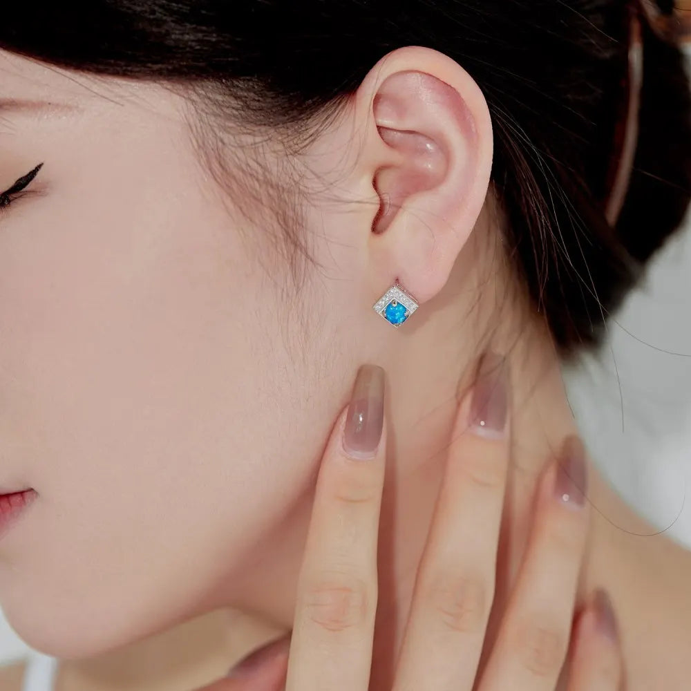 Silver Opal Round Cut Squared Ear Studs