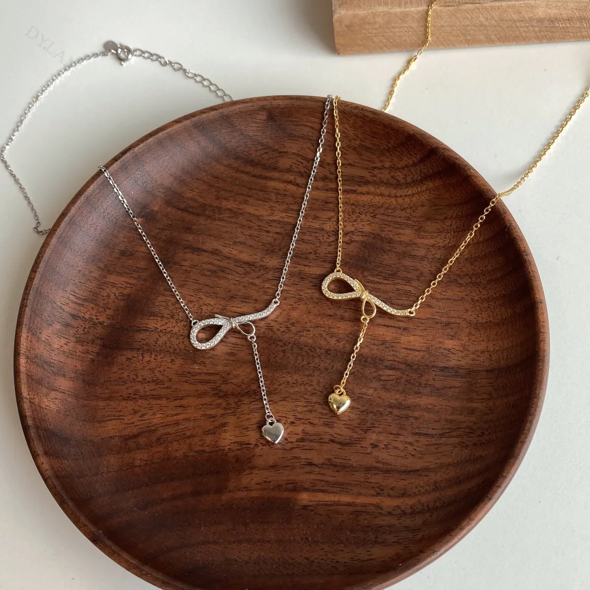 Silver Zircon Round Cut Bow Heart Pendant Necklace