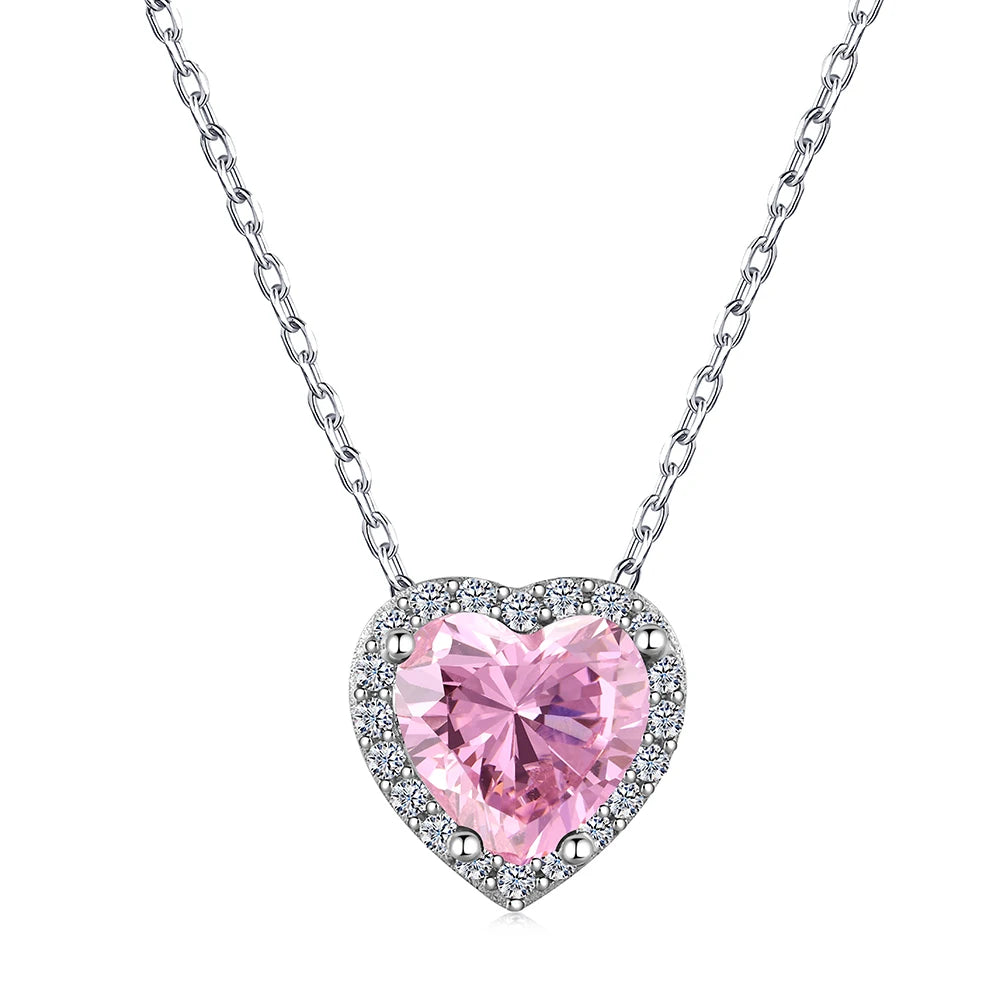 Silver Zircon Heart Cut Halo Pendant Necklace