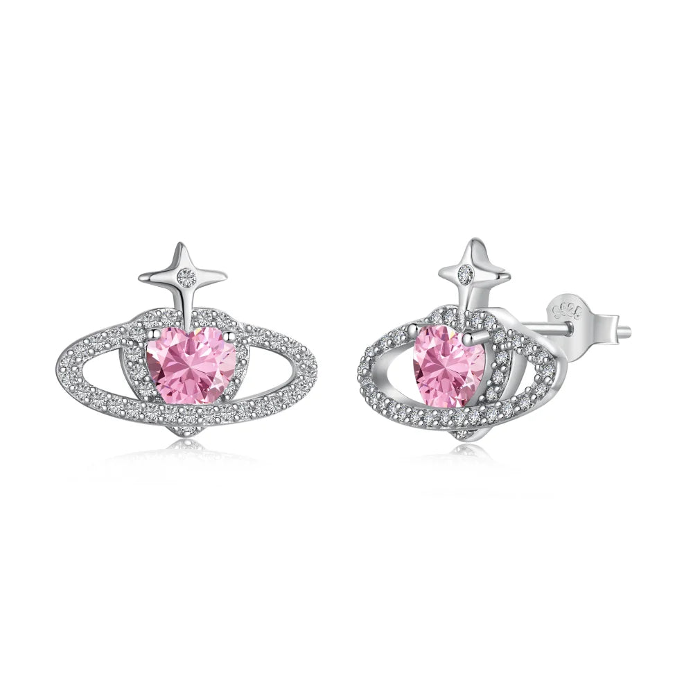 Silver Zircon Heart Cut Planet Ear Studs