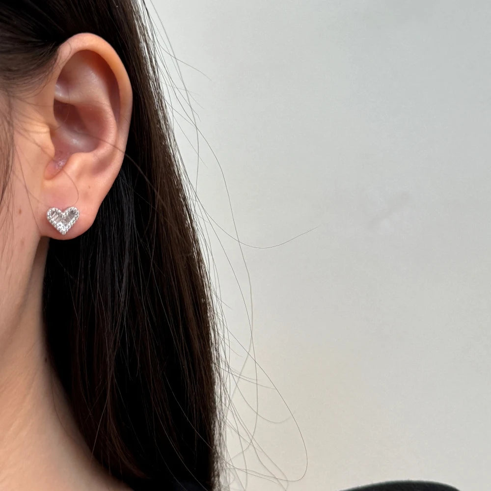 Silver Zircon Princess Cut Inlaid Heart Ear Studs