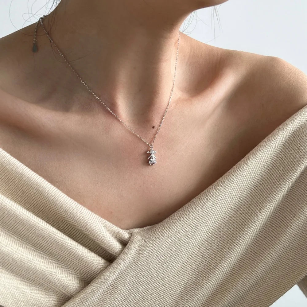 Silver Zircon Triangle Cut Girl Pendant Necklace
