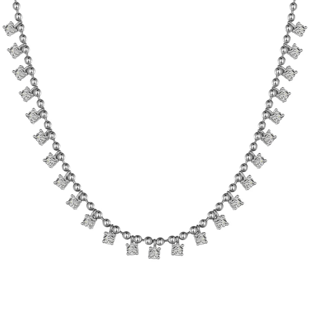 Silver Zircon Round Cut Layered Tassel Chain Necklace