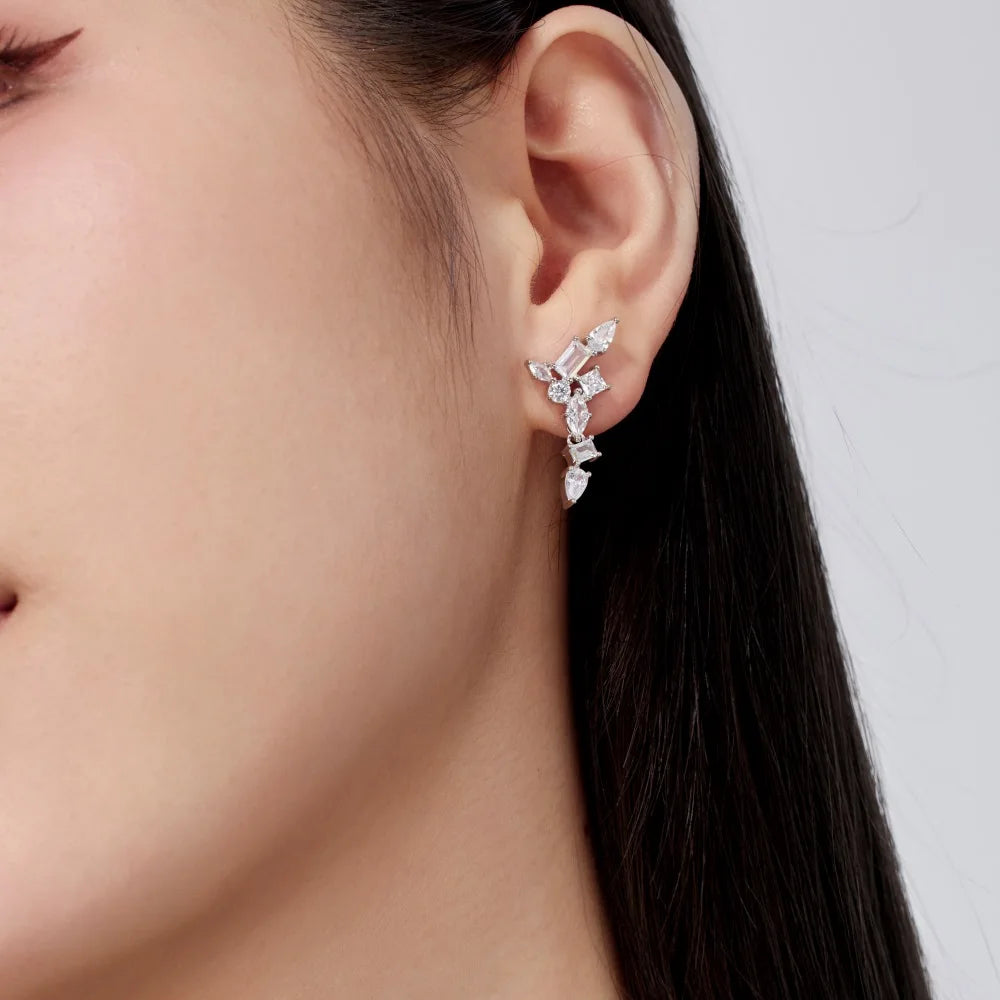 Silver Zircon Pear Cut Geometric Tassel Drop Earrings